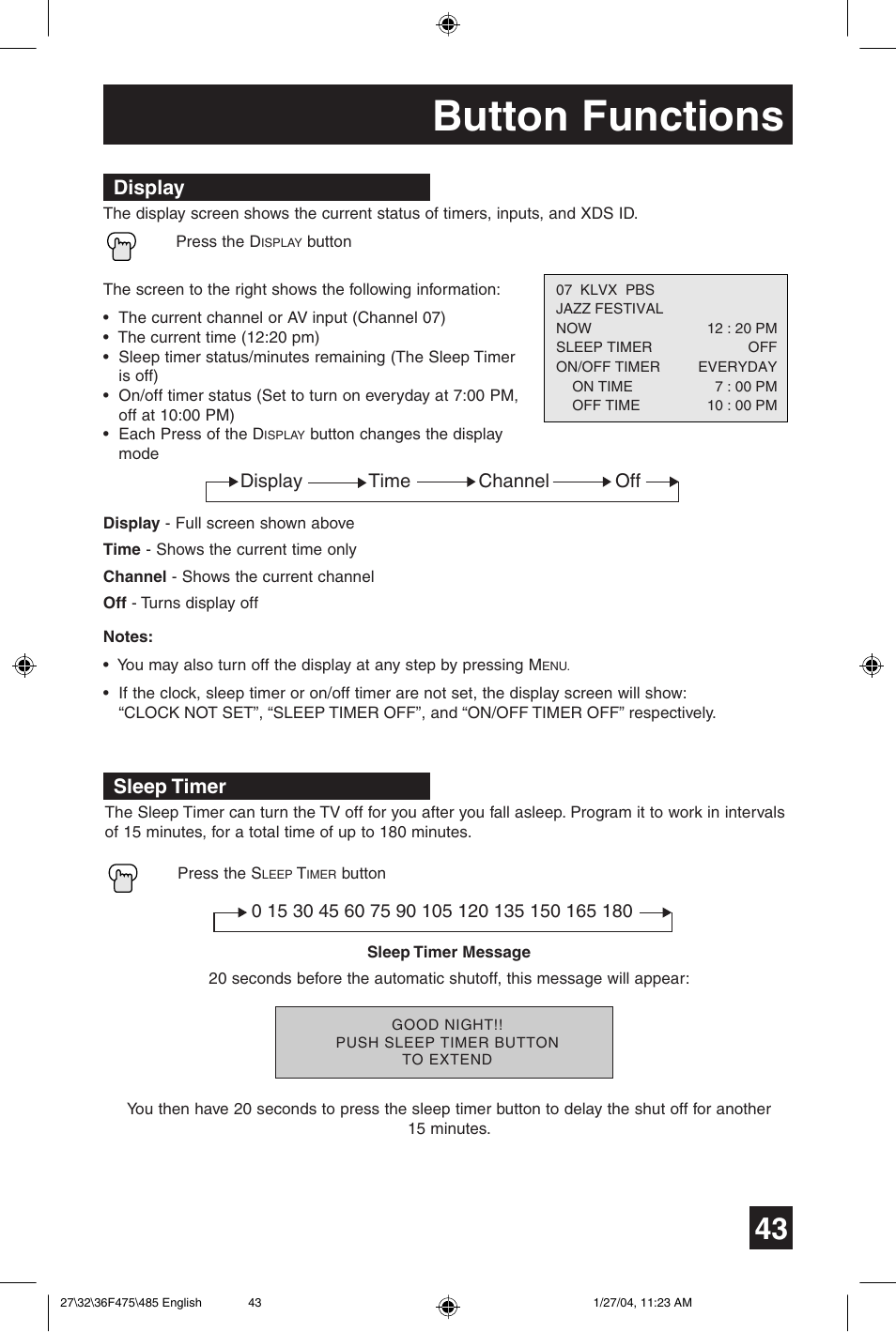 Button functions, Display, Sleep timer | JVC AV 27F475 User Manual | Page 43 / 56