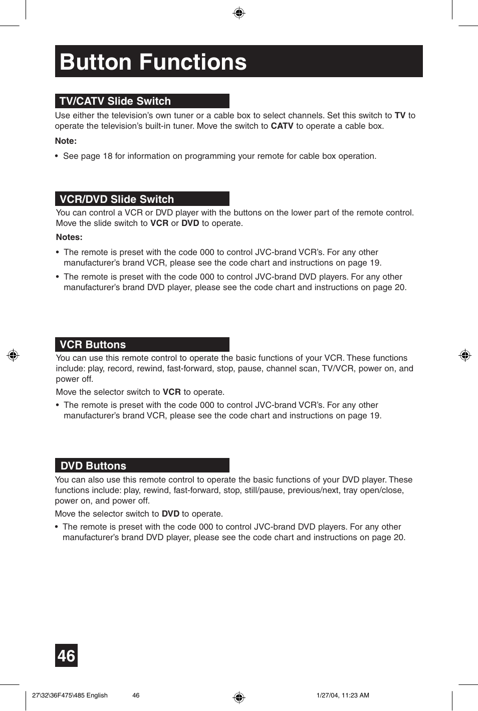 Button functions | JVC AV 27F475 User Manual | Page 46 / 56