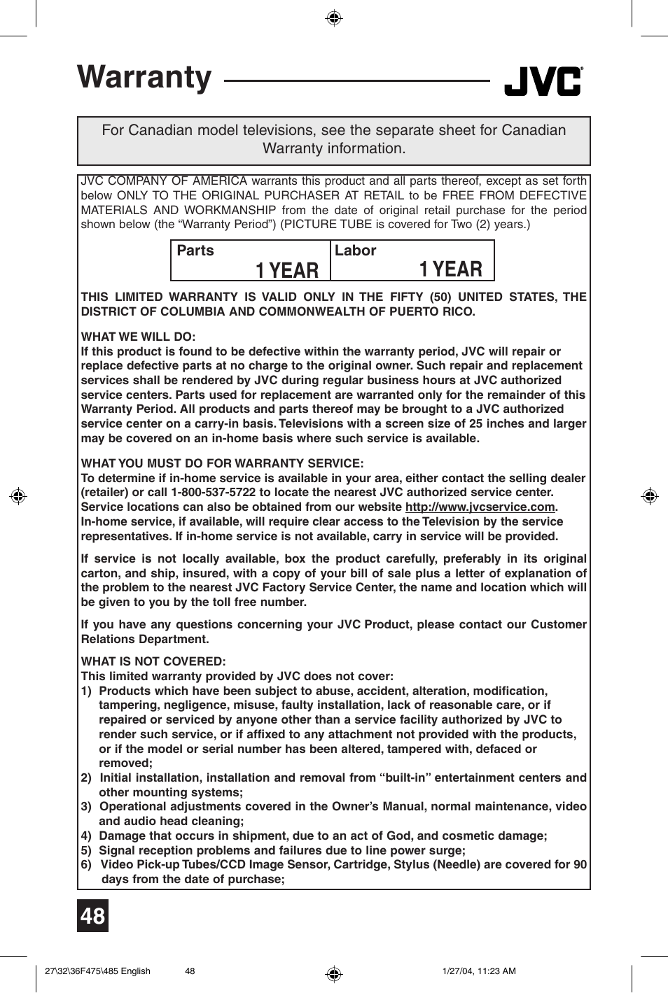 Warranty, 1 year | JVC AV 27F475 User Manual | Page 48 / 56