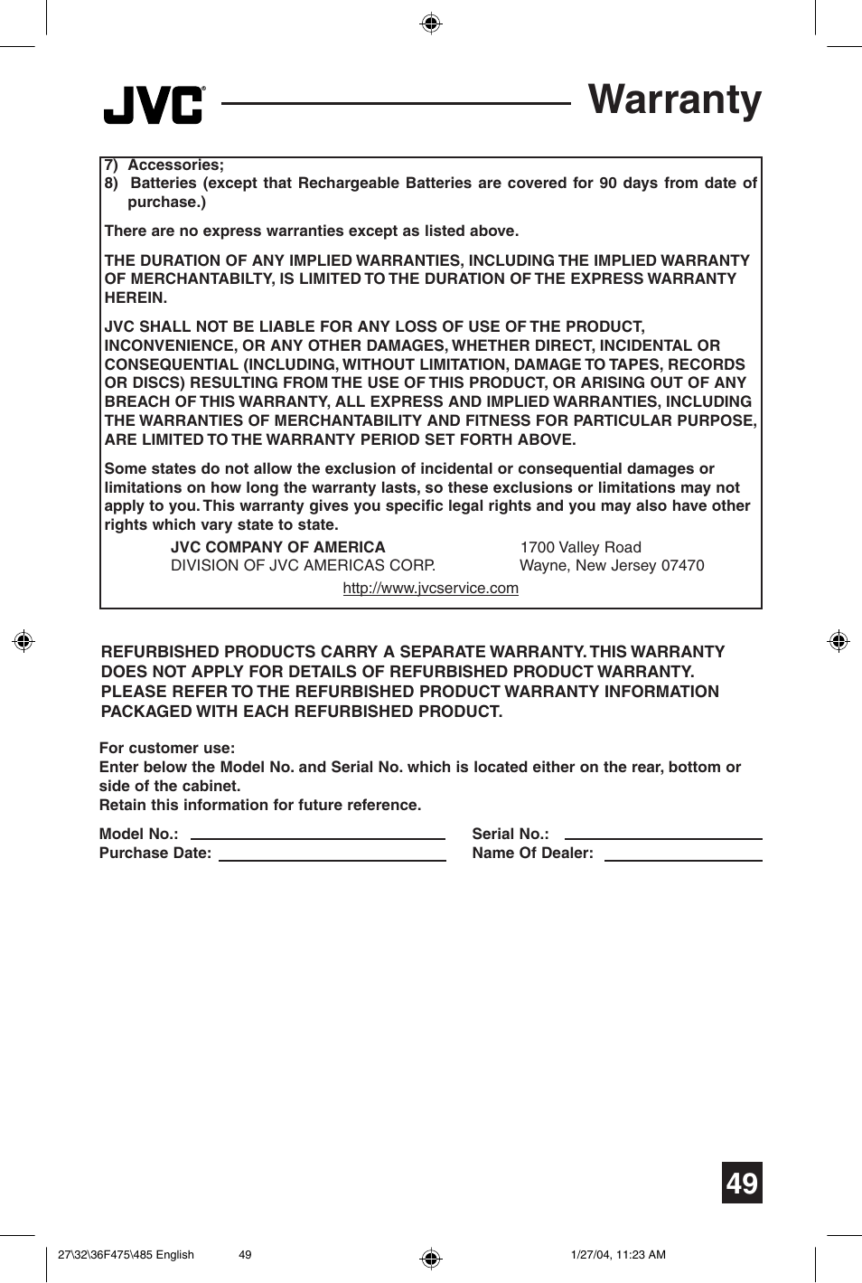 Warranty | JVC AV 27F475 User Manual | Page 49 / 56