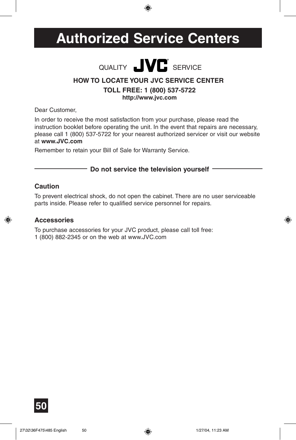 Authorized service centers | JVC AV 27F475 User Manual | Page 50 / 56