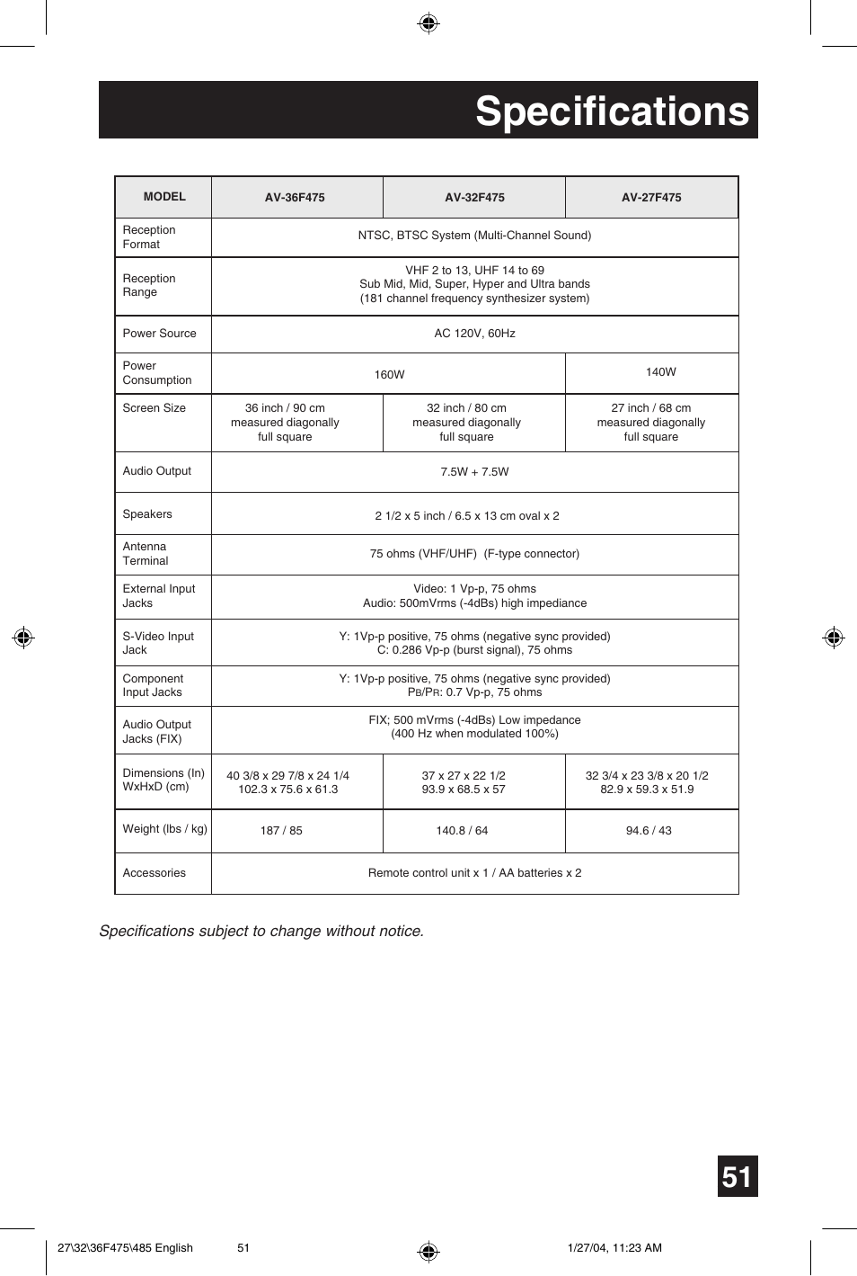 Specifications | JVC AV 27F475 User Manual | Page 51 / 56