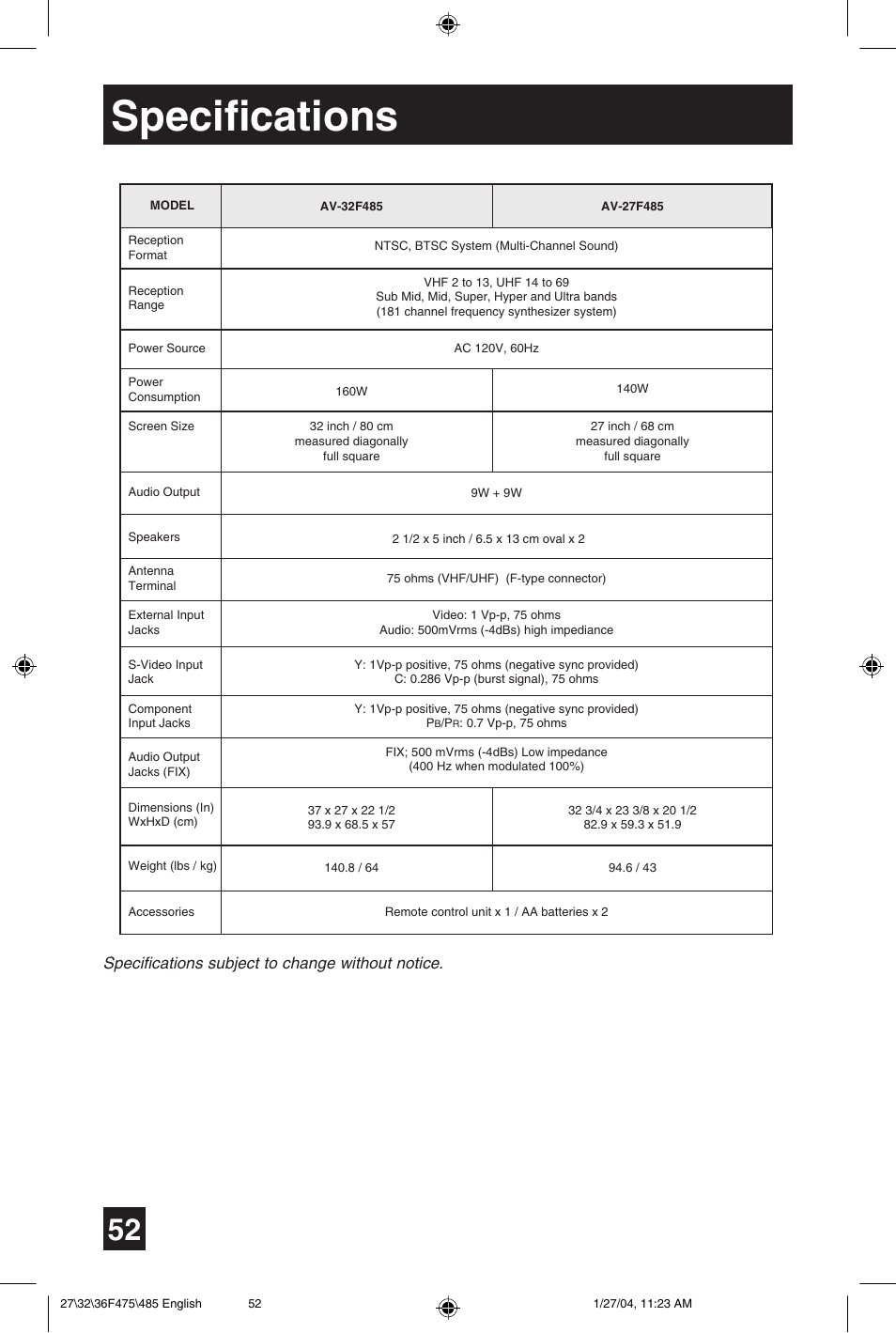 Specifications | JVC AV 27F475 User Manual | Page 52 / 56