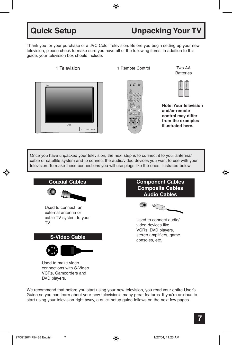 Quick setup unpacking your tv, Coaxial cables s-video cable, Component cables composite cables audio cables | 1 television, Two aa batteries | JVC AV 27F475 User Manual | Page 7 / 56
