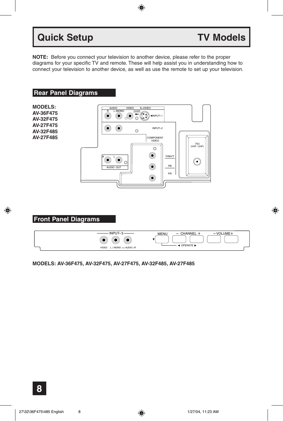 Quick setup tv models, Rear panel diagrams, Front panel diagrams | JVC AV 27F475 User Manual | Page 8 / 56