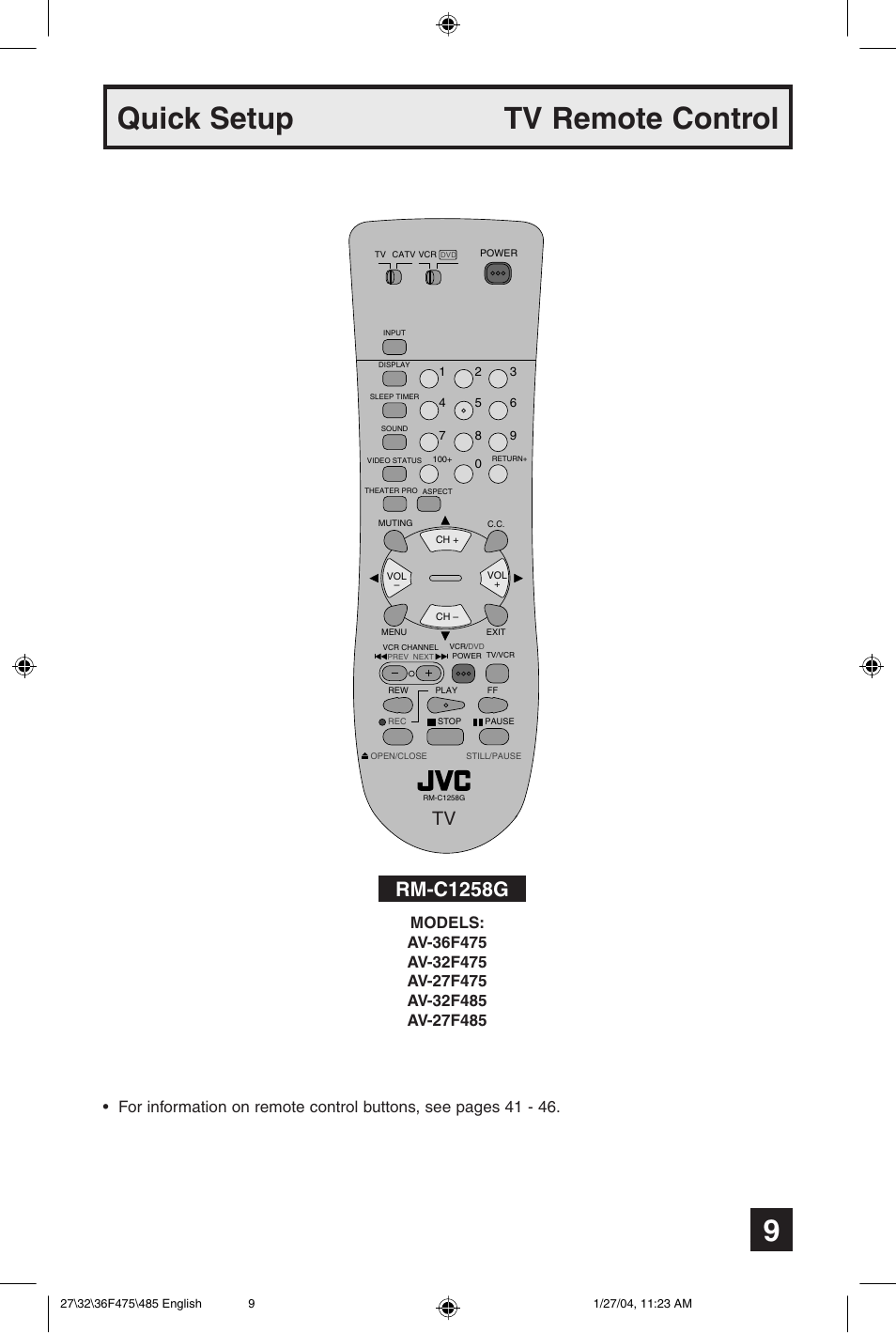 Quick setup tv remote control, Rm-c1258g | JVC AV 27F475 User Manual | Page 9 / 56