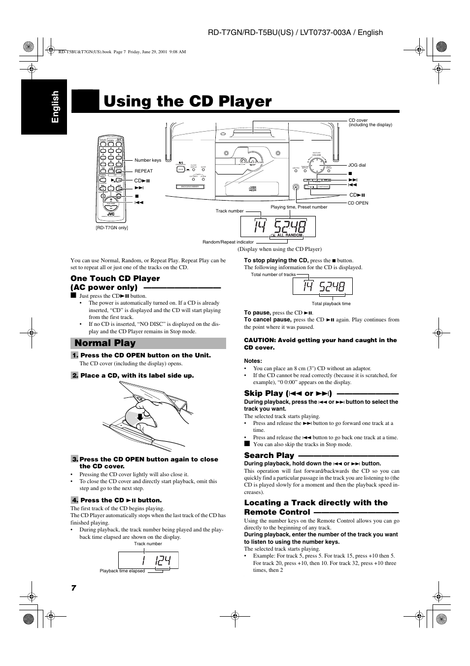 Using the cd player, English, Normal play | One touch cd player (ac power only), Skip play ( 4 or ¢ ), Search play, Locating a track directly with the remote control | JVC RD-T5BU User Manual | Page 10 / 16