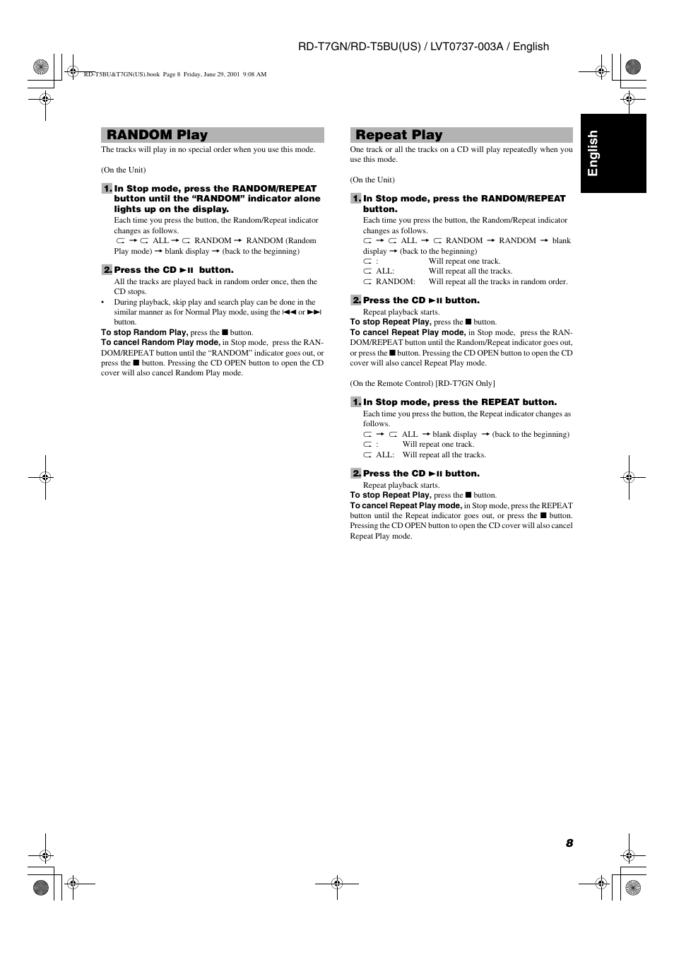 English, Random play repeat play | JVC RD-T5BU User Manual | Page 11 / 16