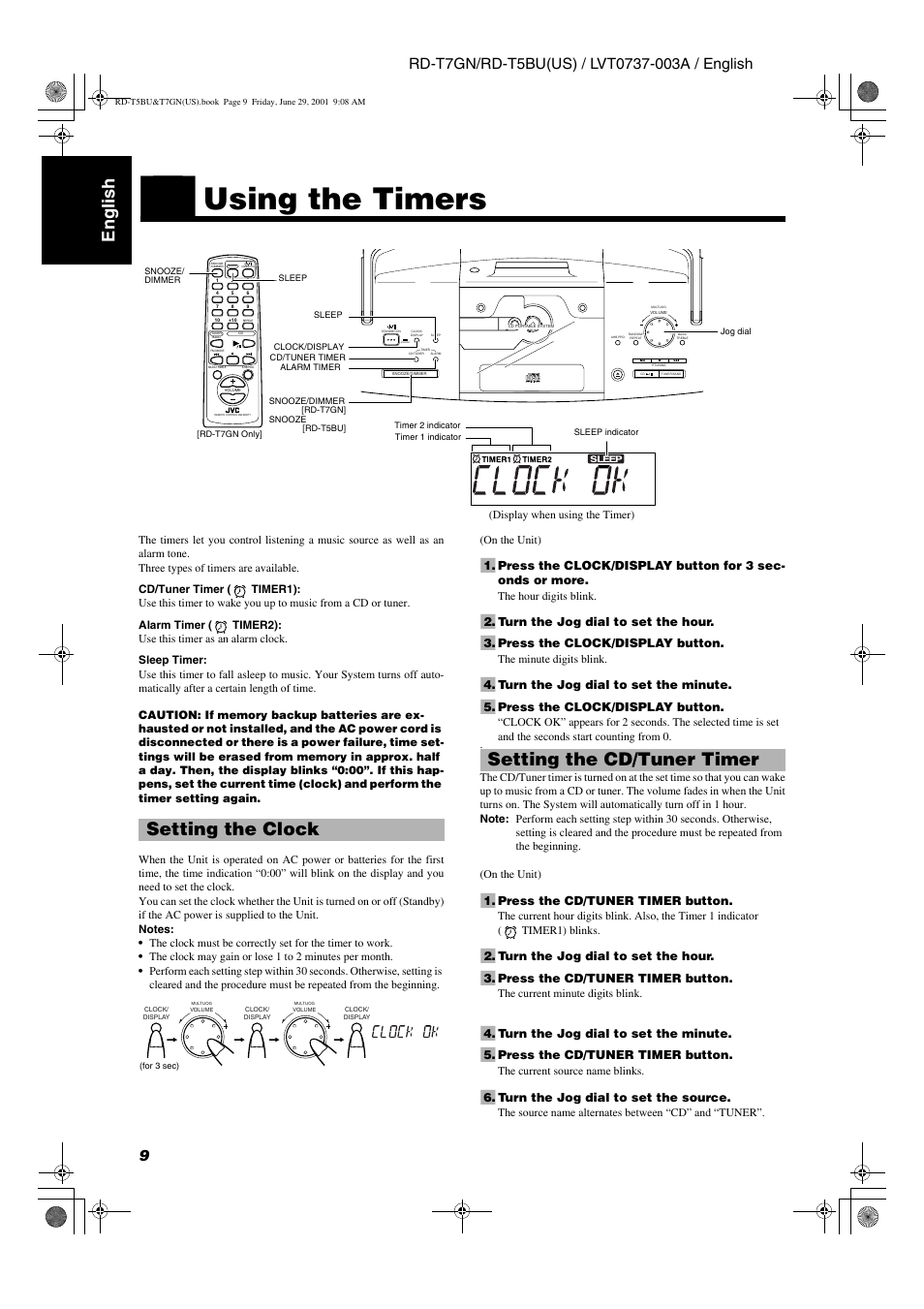 Using the timers, English, Setting the clock | Setting the cd/tuner timer | JVC RD-T5BU User Manual | Page 12 / 16