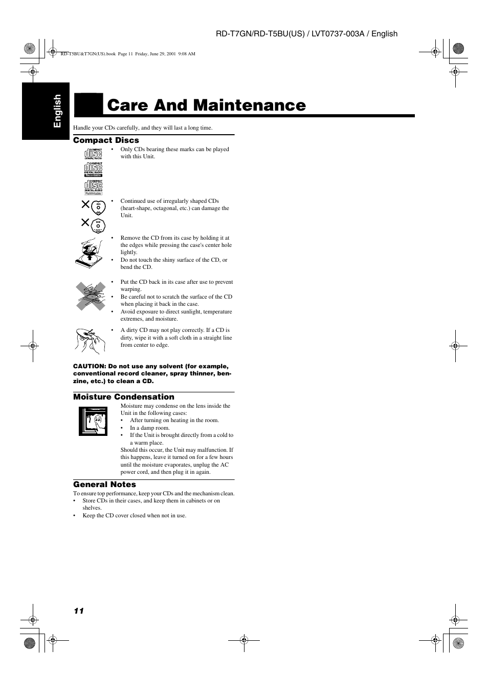 Care and maintenance, English | JVC RD-T5BU User Manual | Page 14 / 16