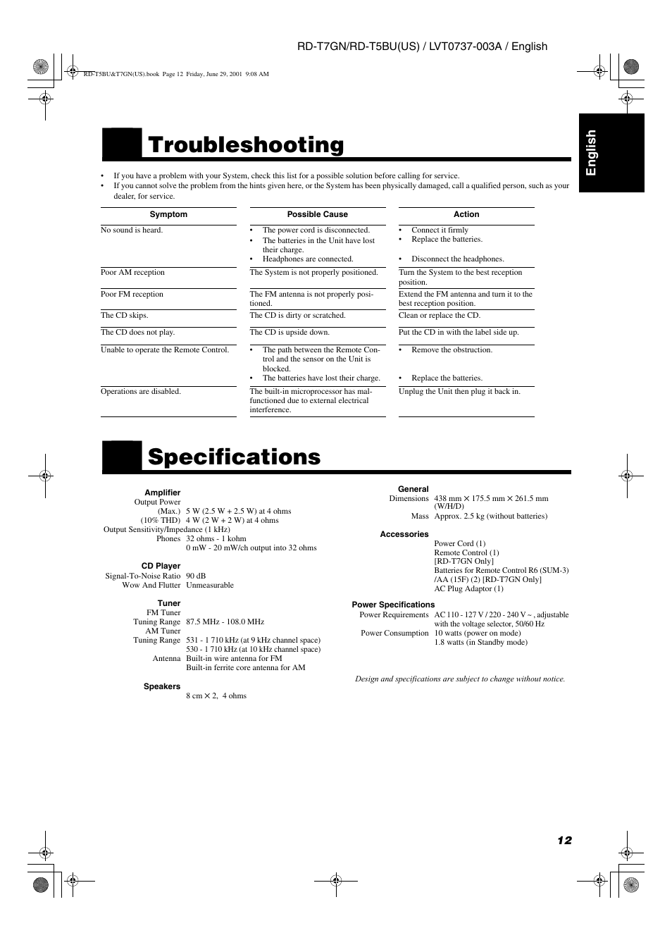 Troubleshooting, Specifications, English | JVC RD-T5BU User Manual | Page 15 / 16