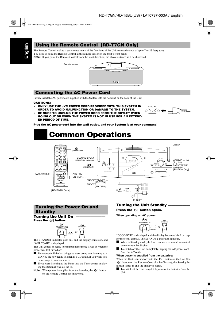 Common operations, Engl ish, Using the remote control [rd-t7gn only | Connecting the ac power cord, Turning the power on and standby, Turning the unit on, Turning the unit standby, Standby, Press the button again | JVC RD-T5BU User Manual | Page 6 / 16