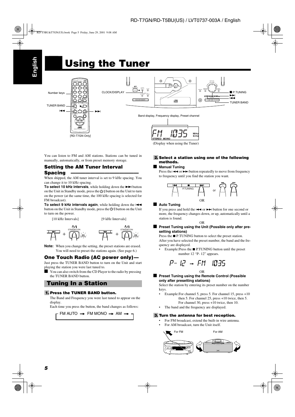 Using the tuner, English, Tuning in a station | Setting the am tuner interval spacing, One touch radio (ac power only), Standby, Fm auto fm mono am | JVC RD-T5BU User Manual | Page 8 / 16