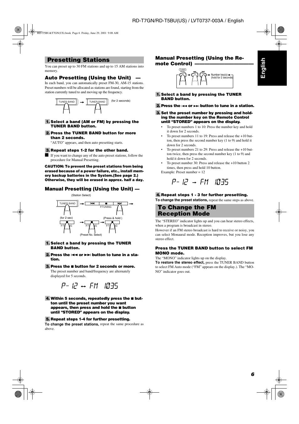 English, Presetting stations | JVC RD-T5BU User Manual | Page 9 / 16