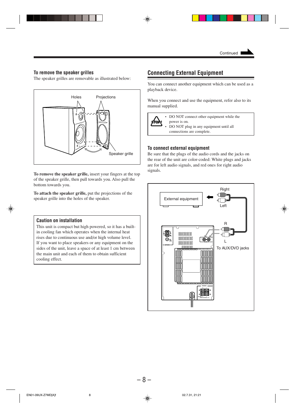 Connecting external equipment, Caution on installation | JVC 0802MWMMDWJEM User Manual | Page 11 / 74