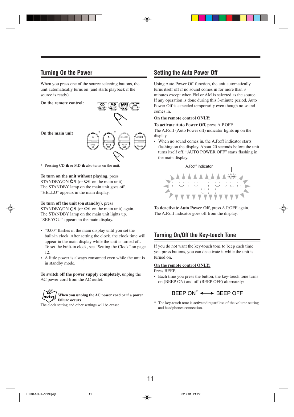 Setting the auto power off, Turning on/off the key-touch tone, Turning on the power | JVC 0802MWMMDWJEM User Manual | Page 14 / 74