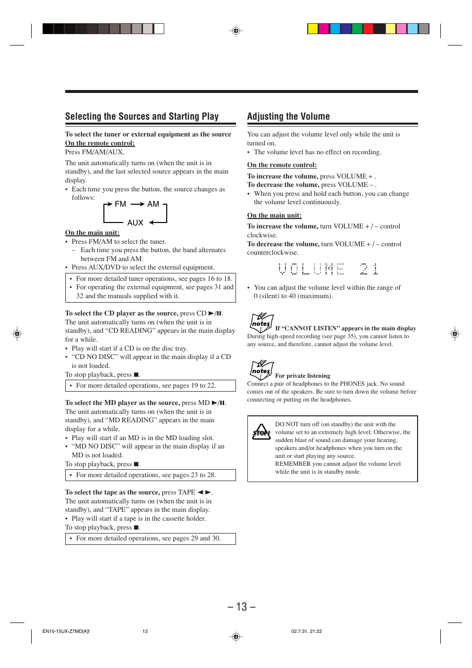 Adjusting the volume, Selecting the sources and starting play | JVC 0802MWMMDWJEM User Manual | Page 16 / 74