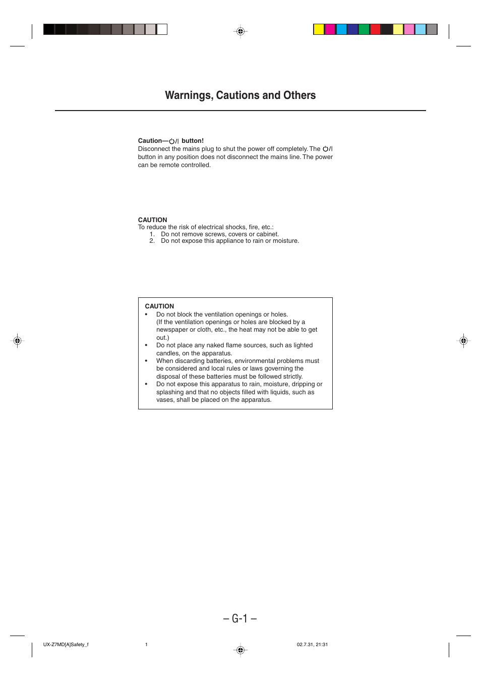 Warnings, cautions and others, G-1 – warnings, cautions and others | JVC 0802MWMMDWJEM User Manual | Page 2 / 74