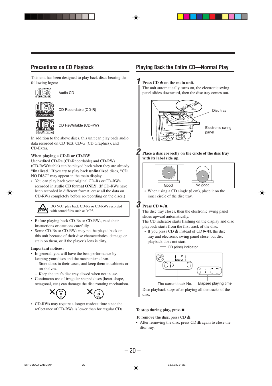 Precautions on cd playback, Playing back the entire cd—normal play | JVC 0802MWMMDWJEM User Manual | Page 23 / 74
