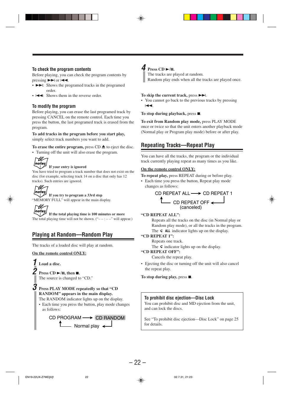 Playing at random—random play, Repeating tracks—repeat play | JVC 0802MWMMDWJEM User Manual | Page 25 / 74