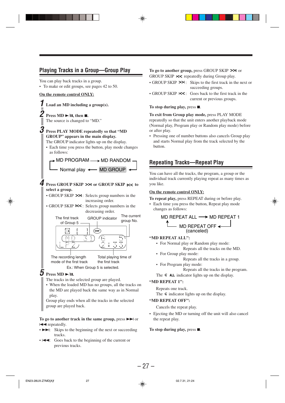 Repeating tracks—repeat play, Playing tracks in a group—group play | JVC 0802MWMMDWJEM User Manual | Page 30 / 74