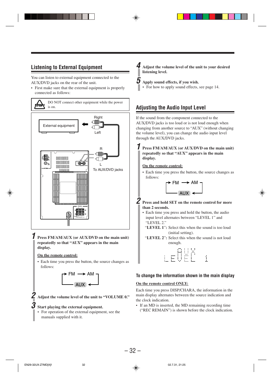 Adjusting the audio input level, Listening to external equipment | JVC 0802MWMMDWJEM User Manual | Page 35 / 74