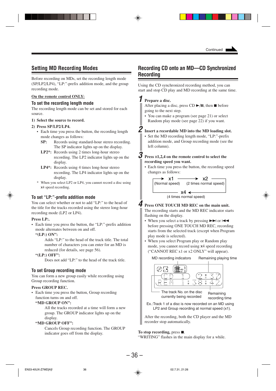Recording cd onto an md—cd synchronized recording, Setting md recording modes | JVC 0802MWMMDWJEM User Manual | Page 39 / 74