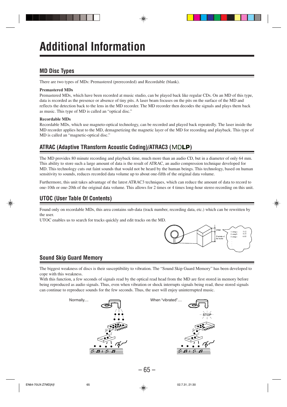 Additional information, Md disc types, Utoc (user table of contents) | JVC 0802MWMMDWJEM User Manual | Page 68 / 74
