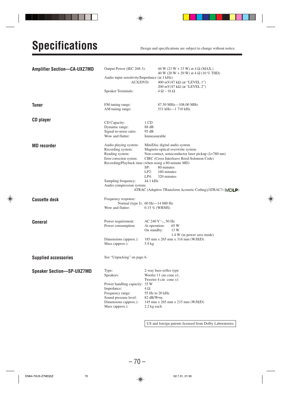 Specifications | JVC 0802MWMMDWJEM User Manual | Page 73 / 74