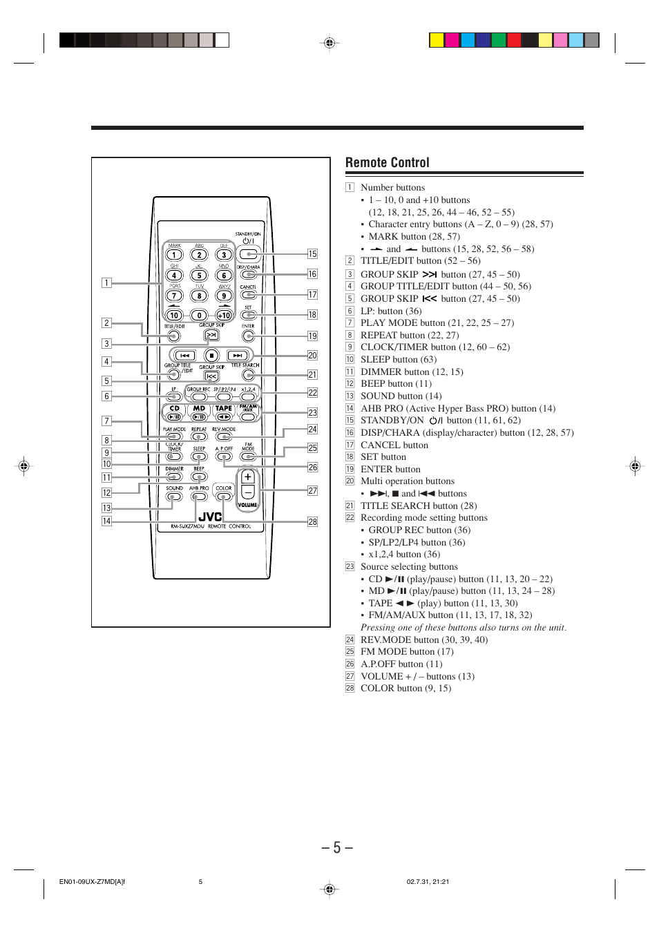 Remote control | JVC 0802MWMMDWJEM User Manual | Page 8 / 74