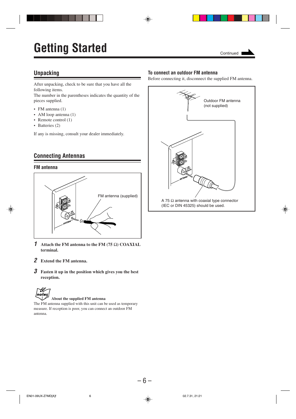 Getting started, Unpacking, Connecting antennas | JVC 0802MWMMDWJEM User Manual | Page 9 / 74