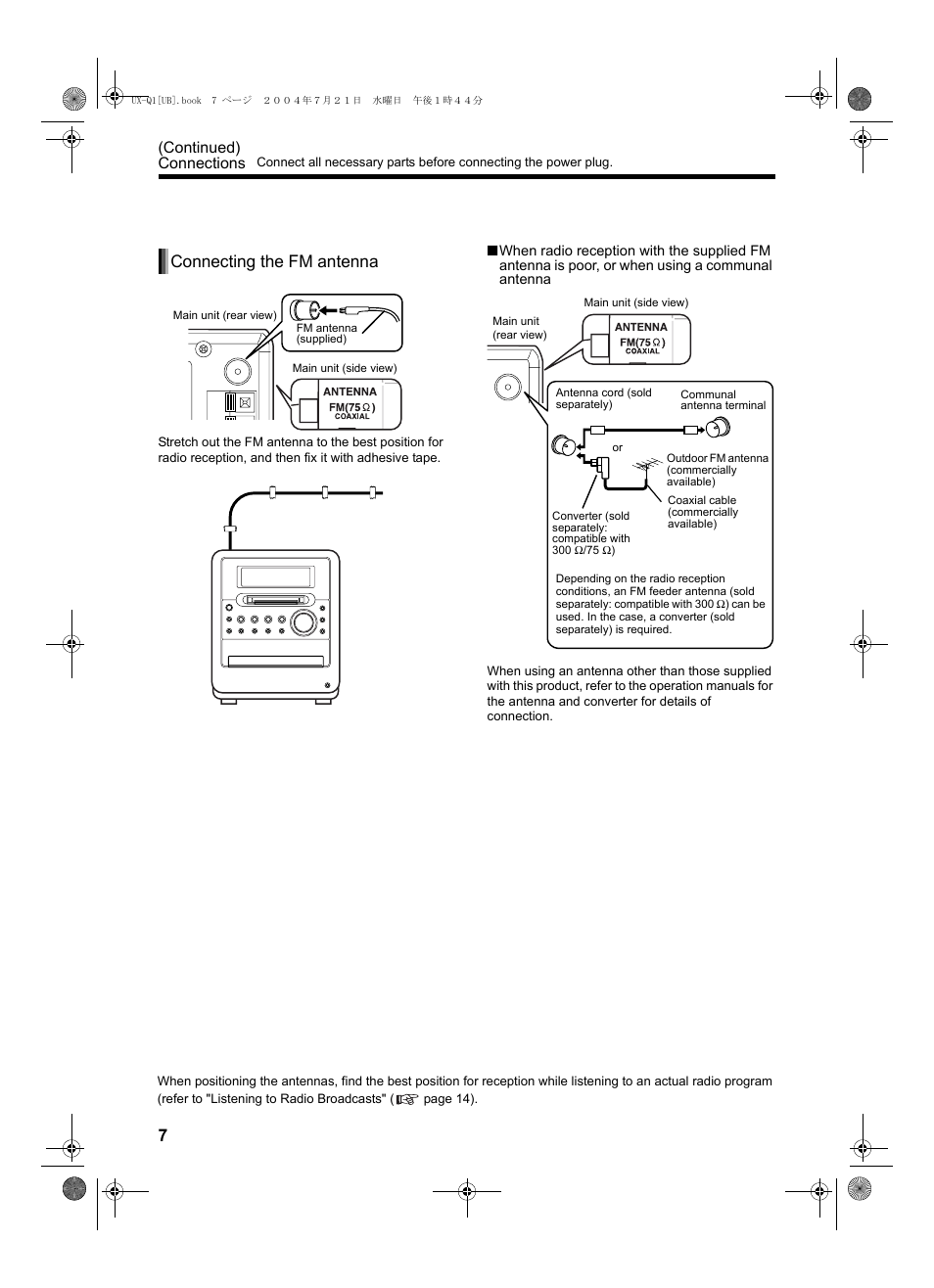 Connecting the fm antenna, Continued) connections | JVC CA-UXQ1S User Manual | Page 10 / 52