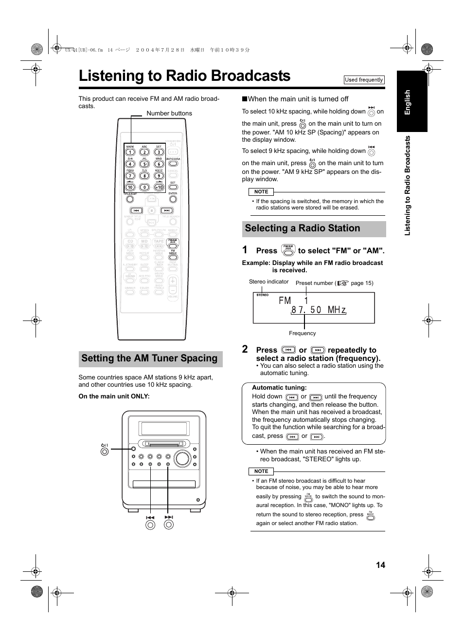 Listening to radio broadcasts, Setting the am tuner spacing, Selecting a radio station | JVC CA-UXQ1S User Manual | Page 17 / 52