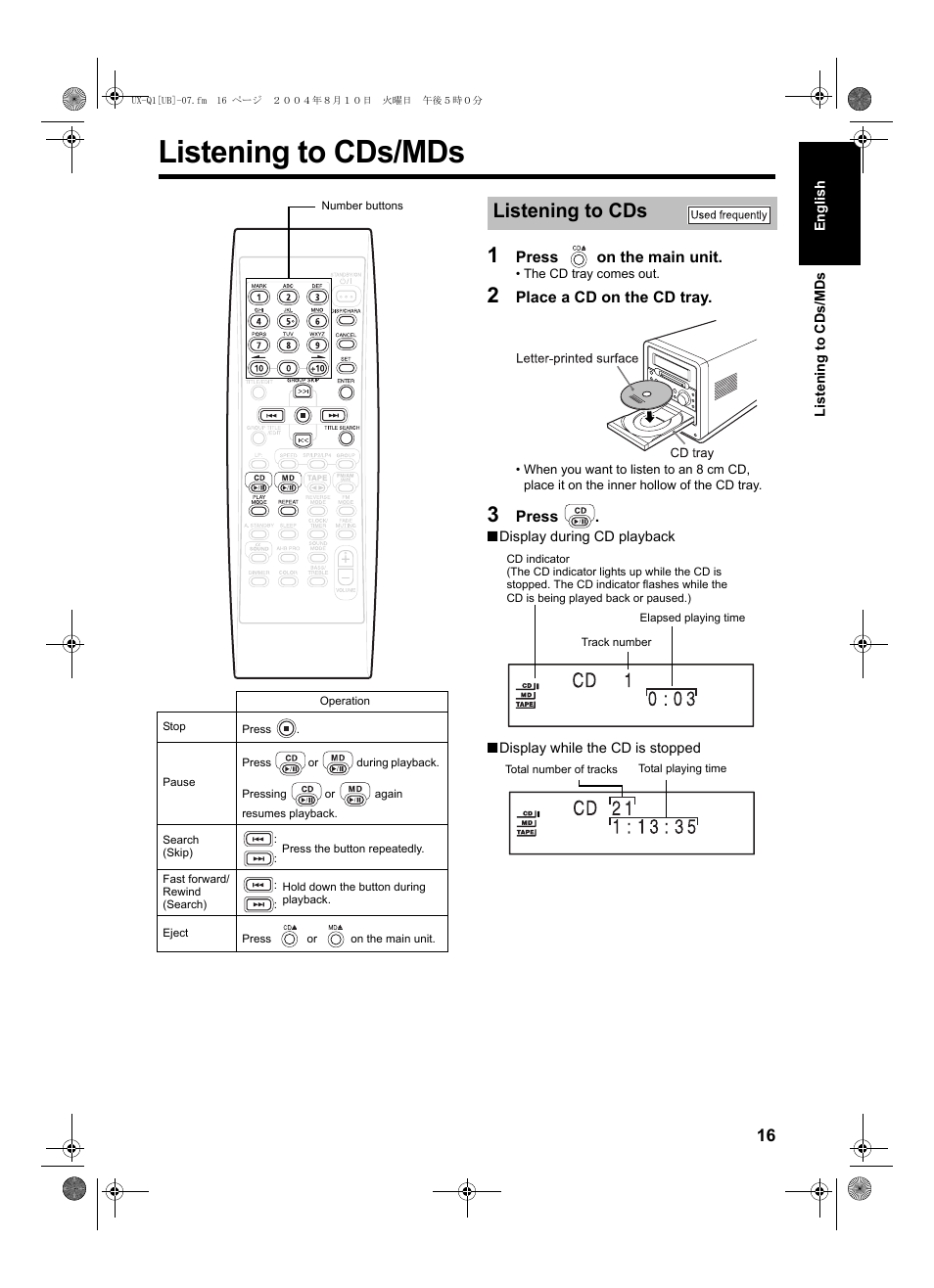 Broadcasts listening to cds/mds, Listening to cds/mds, Listening to cds | JVC CA-UXQ1S User Manual | Page 19 / 52