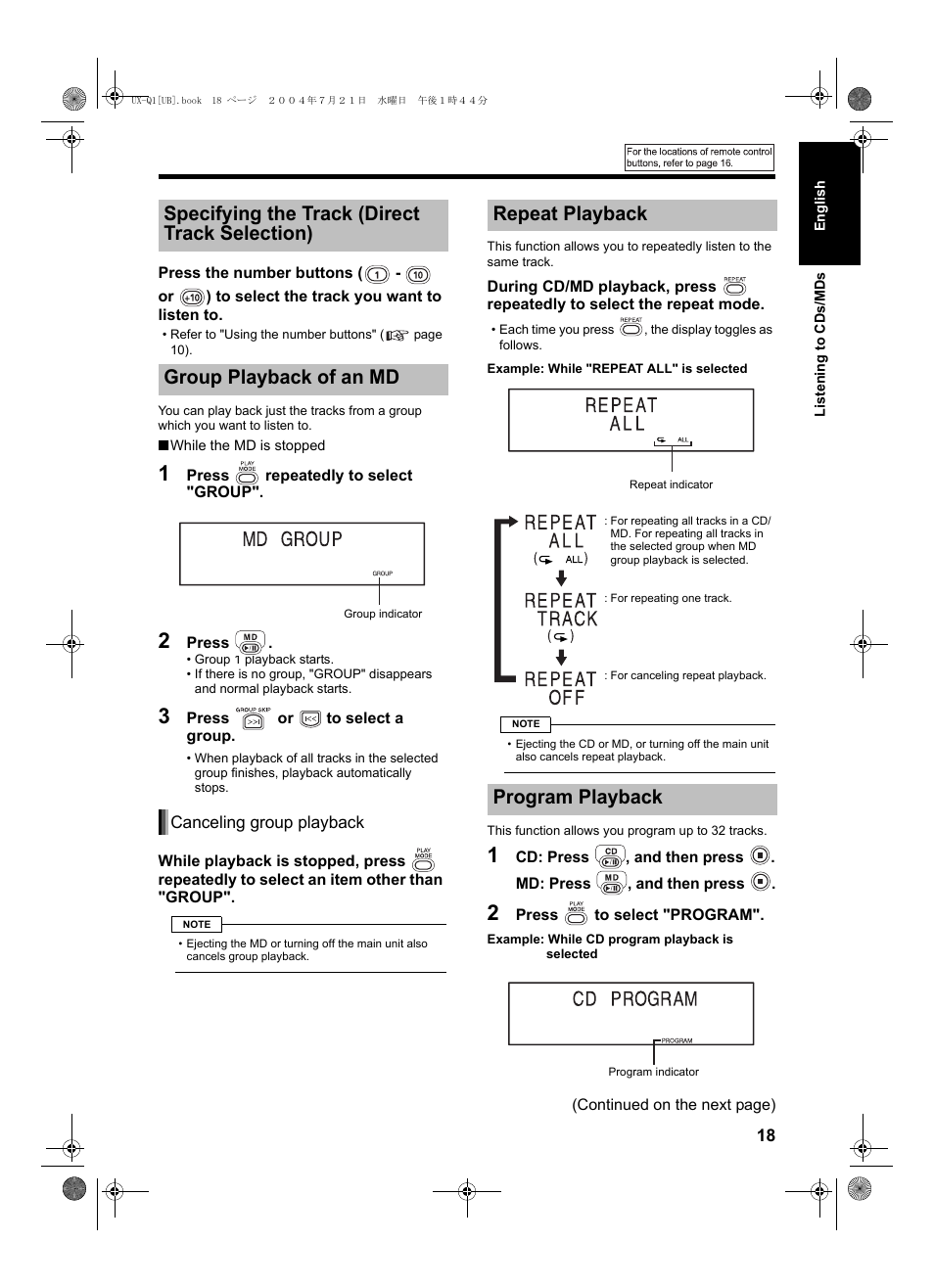 Repeat playback program playback | JVC CA-UXQ1S User Manual | Page 21 / 52