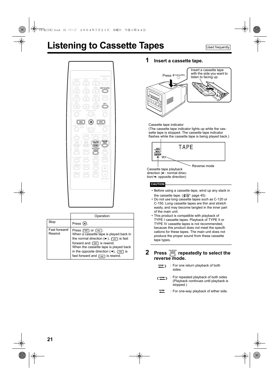 Listening to cassette tapes, Insert a cassette tape, Press repeatedly to select the reverse mode | JVC CA-UXQ1S User Manual | Page 24 / 52
