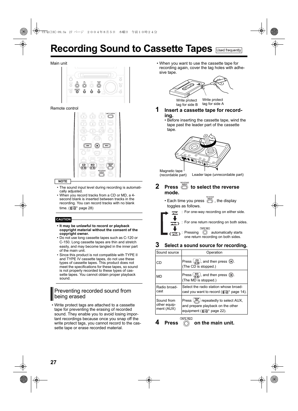 Recording sound to cassette tapes, Preventing recorded sound from being erased | JVC CA-UXQ1S User Manual | Page 30 / 52
