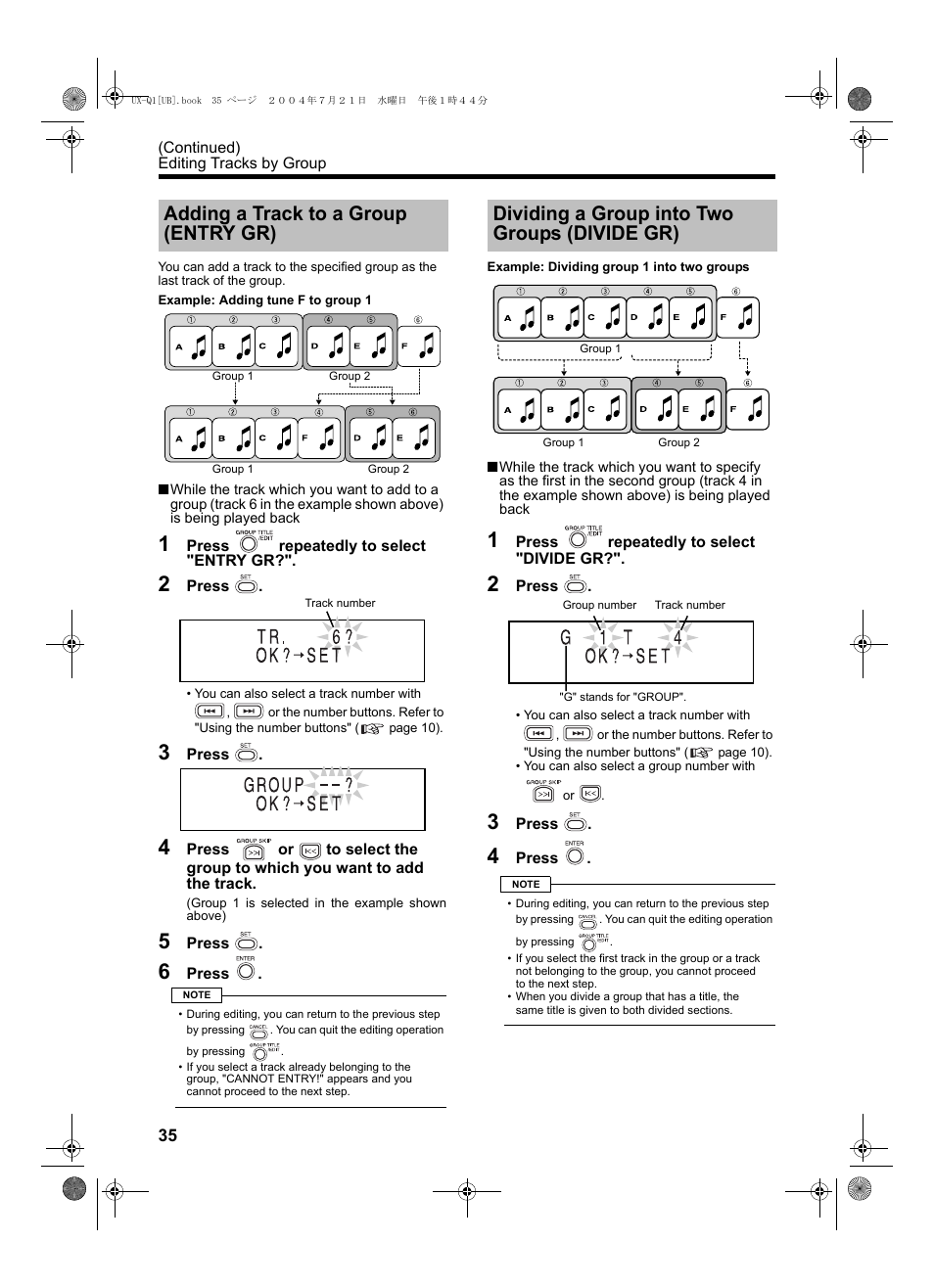 Adding a track to a group (entry gr), Dividing a group into two groups (divide gr) | JVC CA-UXQ1S User Manual | Page 38 / 52