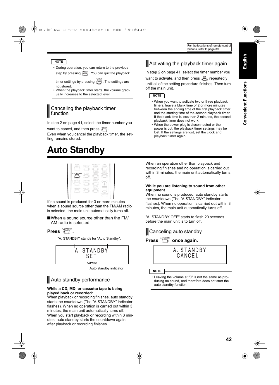 Auto standby, Auto standby performance canceling auto standby | JVC CA-UXQ1S User Manual | Page 45 / 52