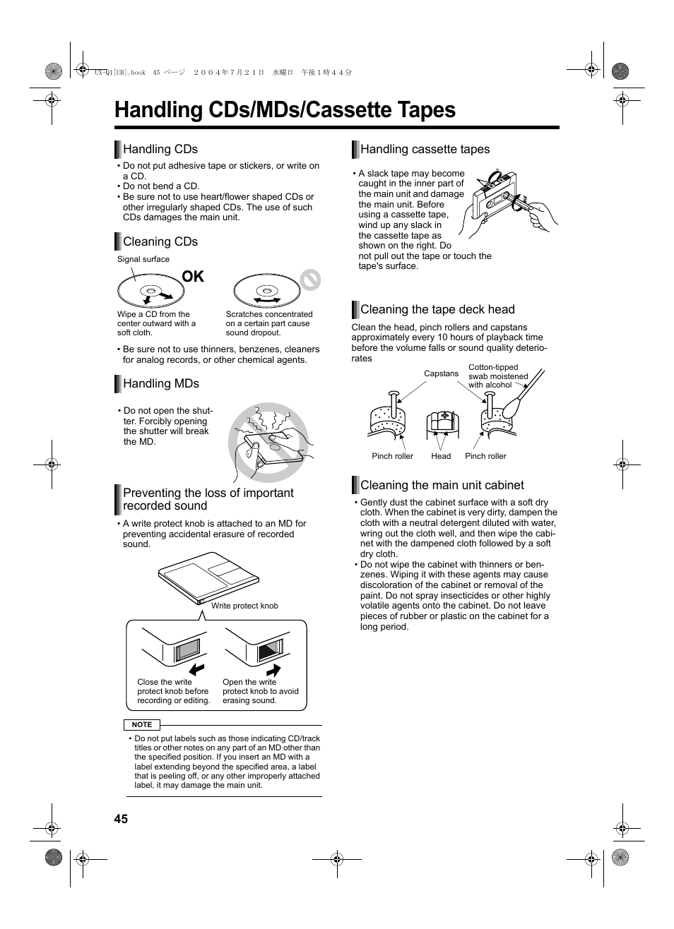 Handling cds/mds/cassette tapes, Handling cds cleaning cds, Handling mds | Preventing the loss of important recorded sound, Handling cassette tapes, Cleaning the tape deck head, Cleaning the main unit cabinet | JVC CA-UXQ1S User Manual | Page 48 / 52