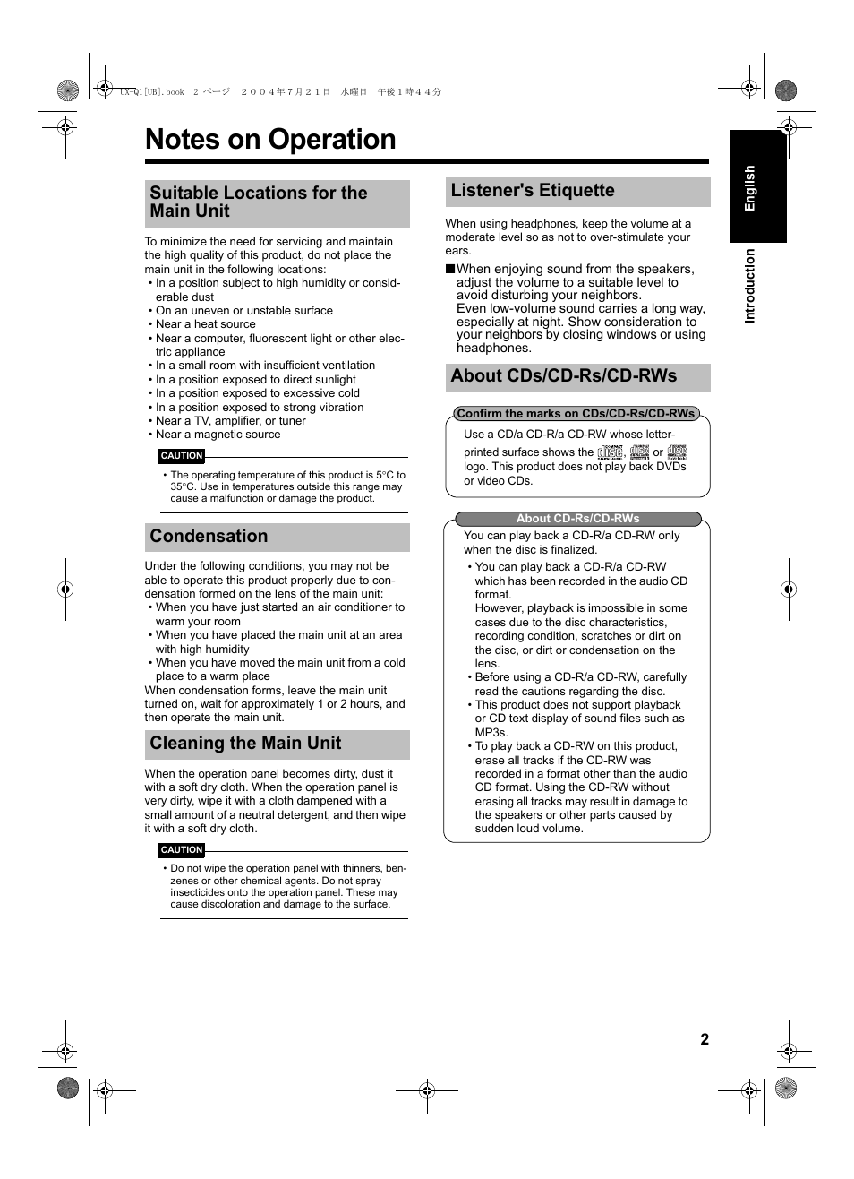 Notes on operation | JVC CA-UXQ1S User Manual | Page 5 / 52