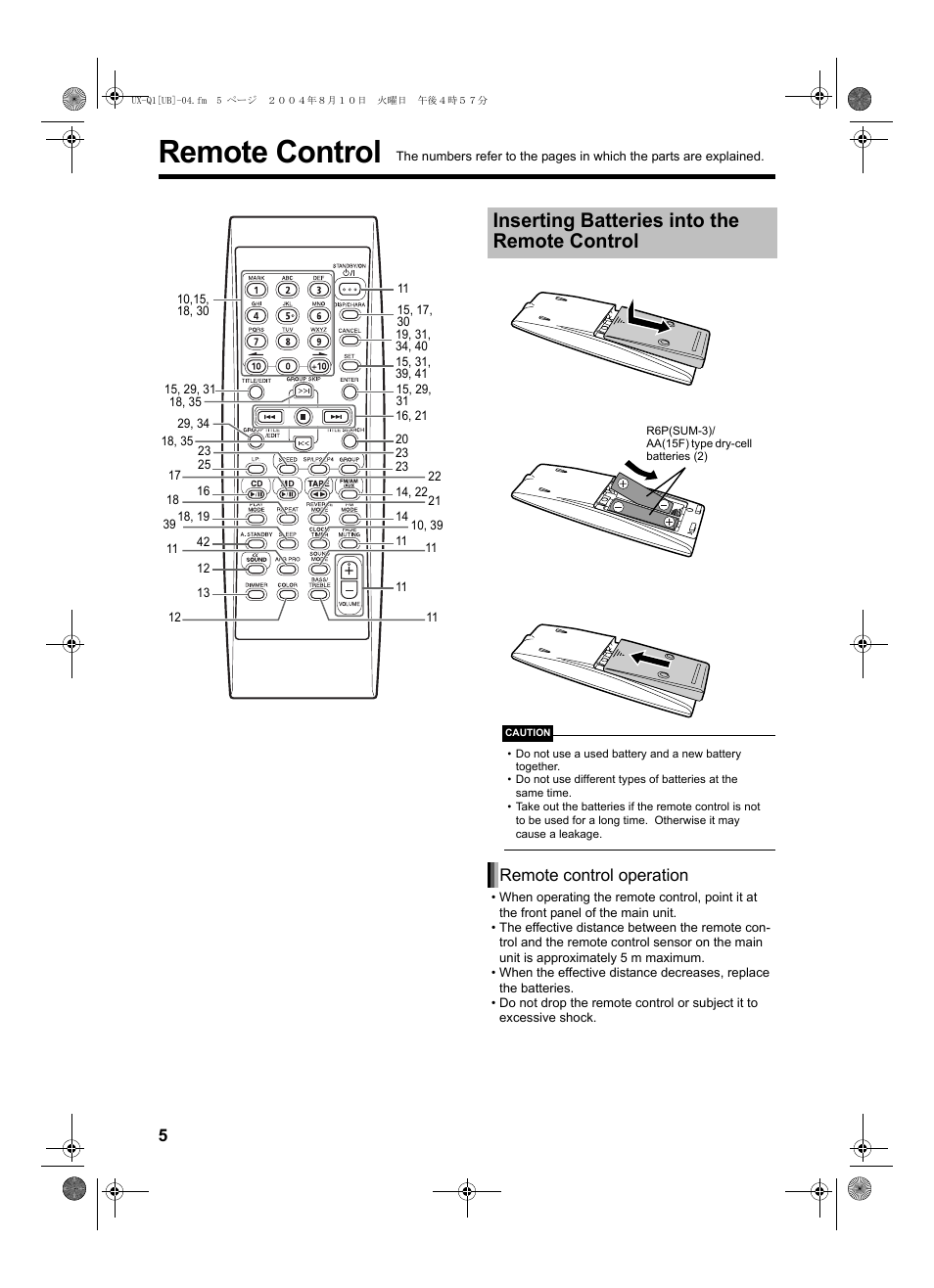 Remote control, Inserting batteries into the remote control, Remote control operation | JVC CA-UXQ1S User Manual | Page 8 / 52