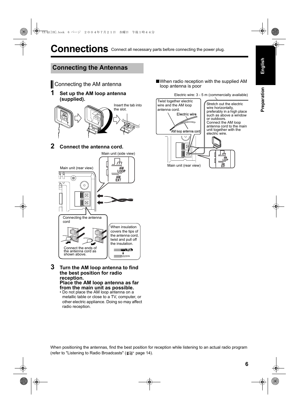 Connections, Connecting the antennas | JVC CA-UXQ1S User Manual | Page 9 / 52