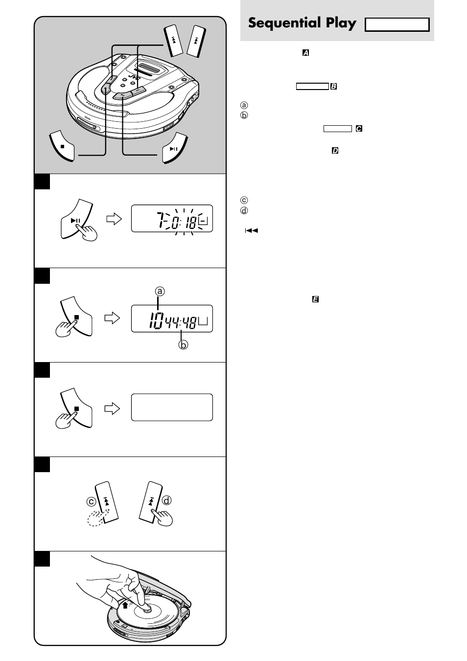 Sequential play, Ab c d e, Basic play | Fast forward/reverse, Removing discs | JVC XL-PG31 User Manual | Page 14 / 38