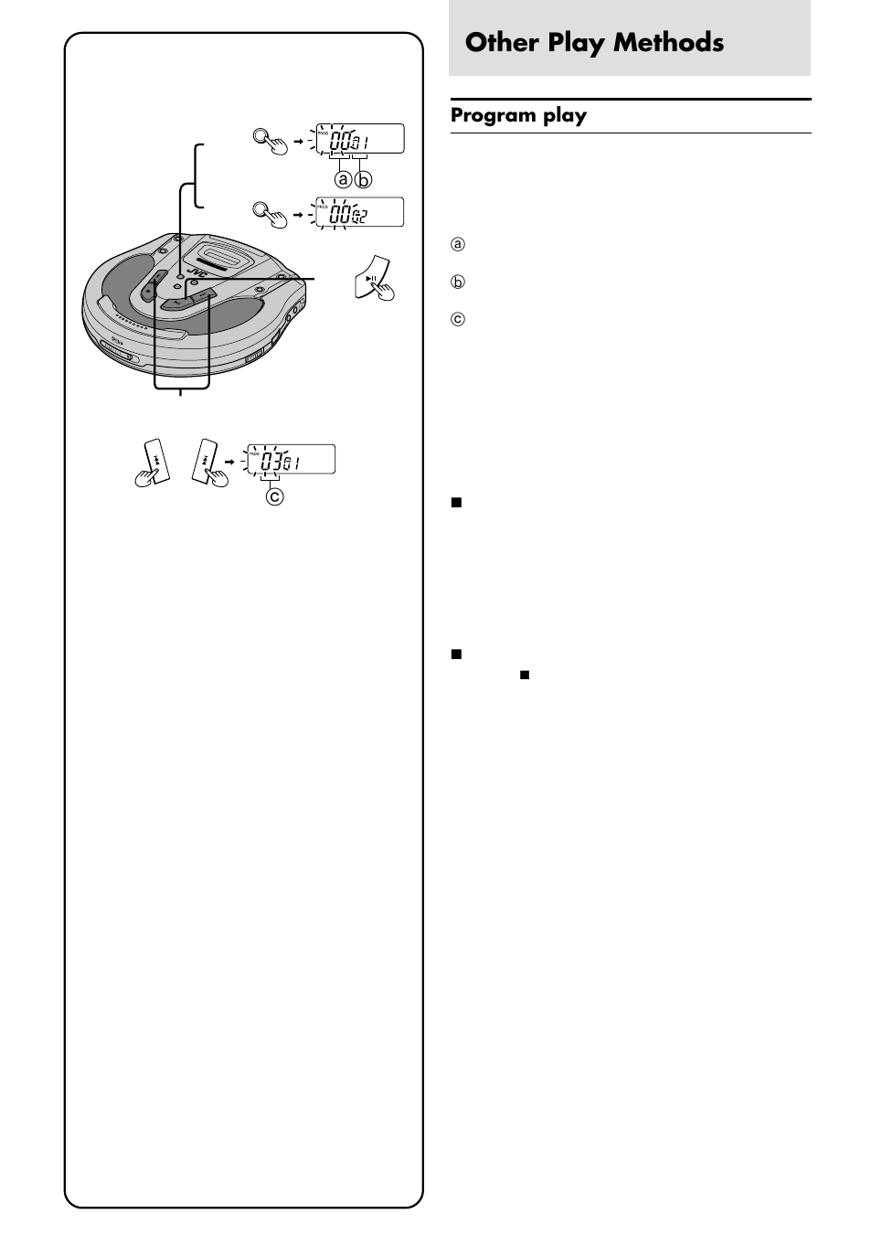 Other play methods, Bc a, Program play | Follow steps 1–5, 7to confirm the programmed tracks, 7to delete the entire programmed sequence | JVC XL-PG31 User Manual | Page 18 / 38