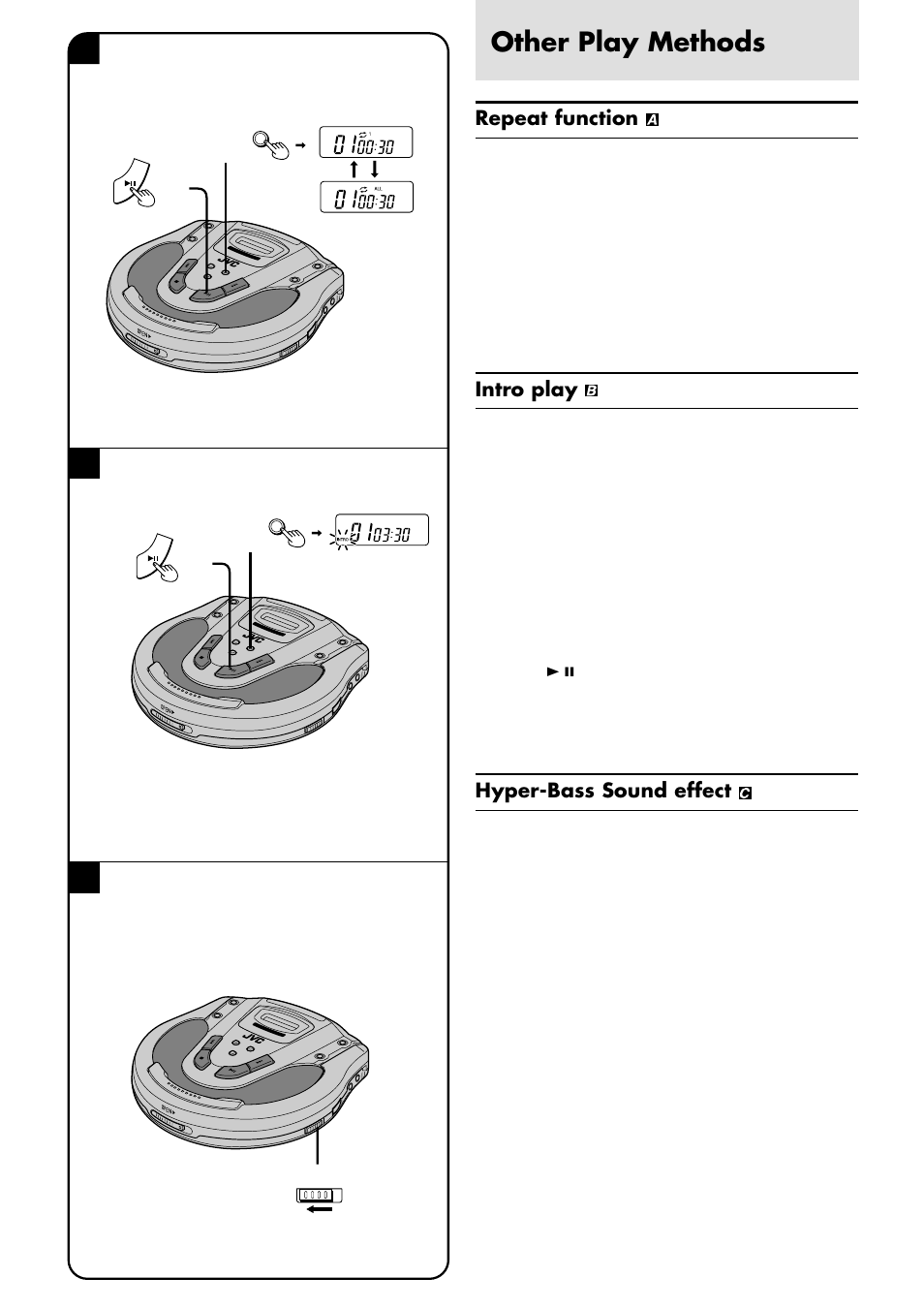 Other play methods, Ac b, Repeat function | Intro play, Hyper-bass sound effect, Cancelling, For your reference, Repeat function is also effective for program play, Press the 3 8 button, You can enjoy powerful bass sound | JVC XL-PG31 User Manual | Page 20 / 38