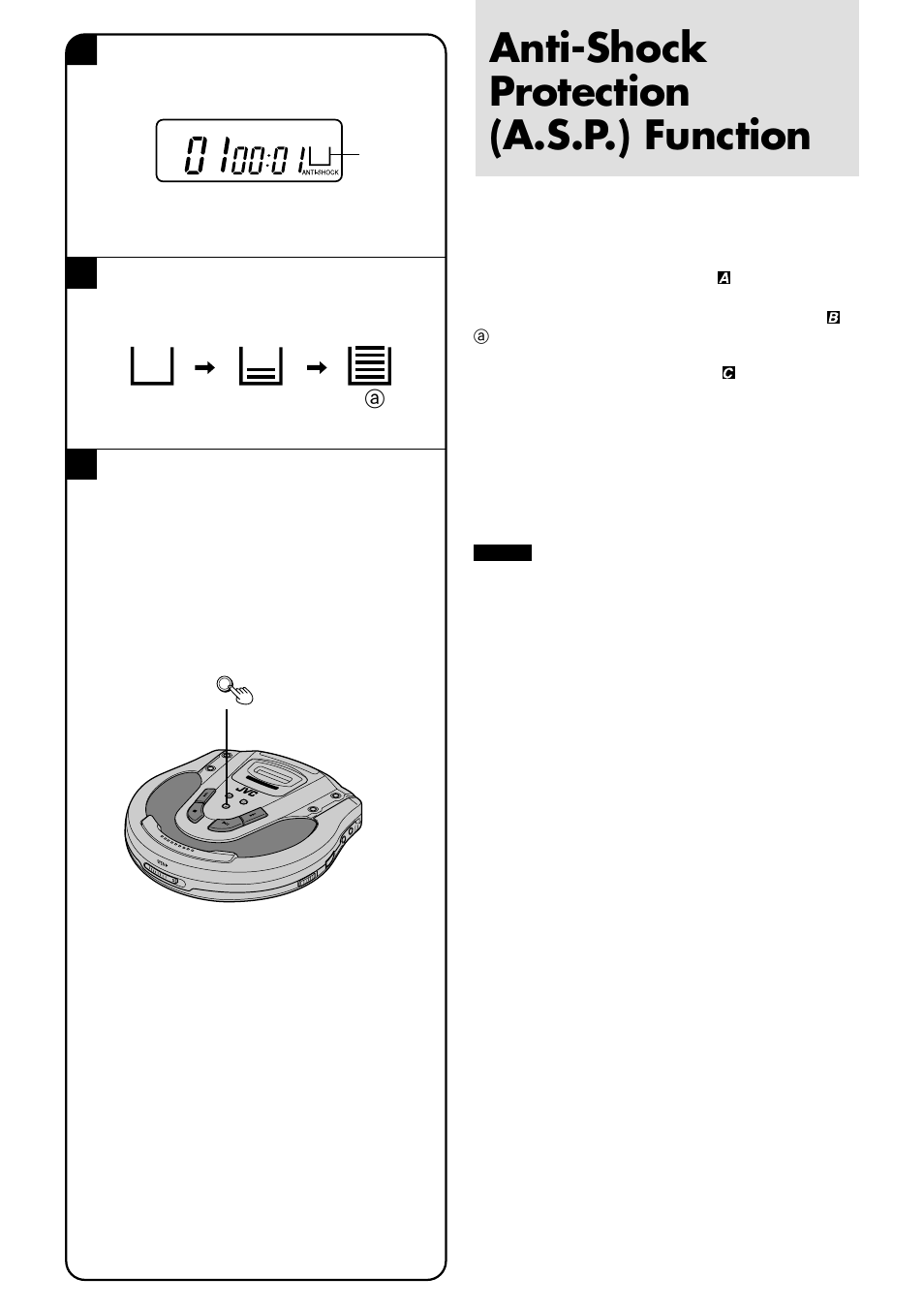 Anti-shock protection (a.s.p.) function, Ac b, A.s.p. a | JVC XL-PG31 User Manual | Page 22 / 38
