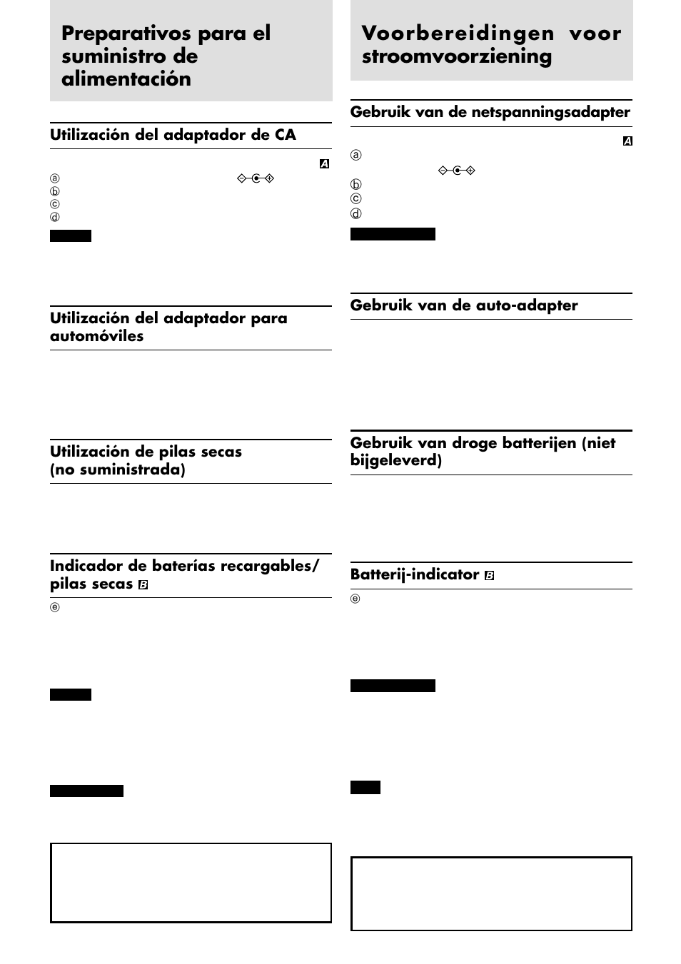 Preparativos para el suministro de alimentación, Voorbereidingen voor stroomvoorziening, Utilización del adaptador de ca | Utilización del adaptador para automóviles, Utilización de pilas secas (no suministrada), Indicador de baterías recargables/ pilas secas, Gebruik van de netspanningsadapter, Gebruik van de auto-adapter, Gebruik van droge batterijen (niet bijgeleverd), Batterij-indicator | JVC XL-PG31 User Manual | Page 9 / 38