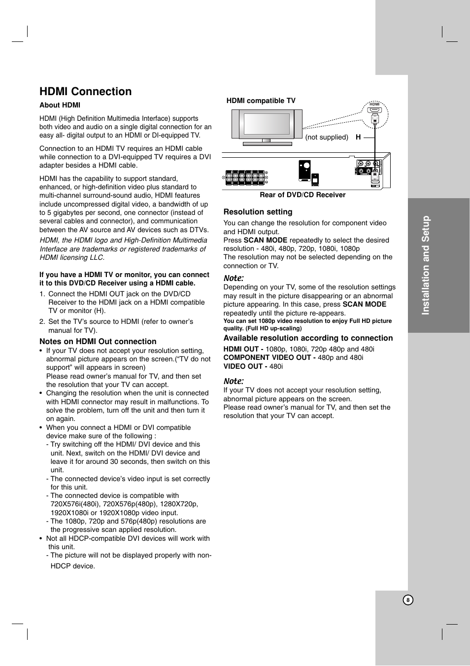 Hdmi connection, Installation and setup | JVC LVT2051-002A User Manual | Page 11 / 28