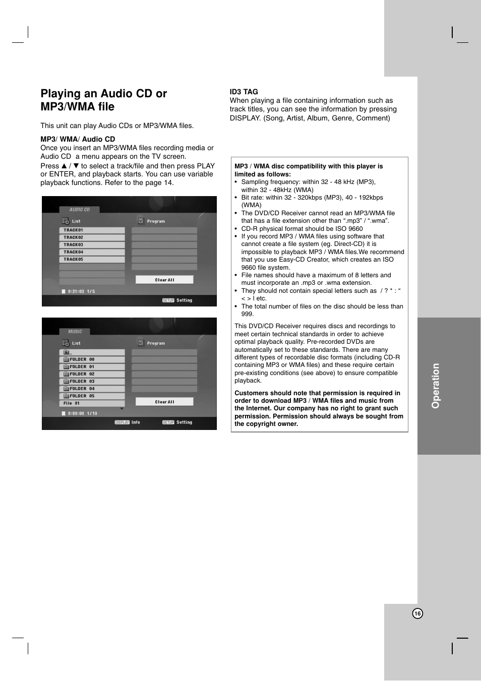 Playing an audio cd or mp3/wma file, Operation | JVC LVT2051-002A User Manual | Page 19 / 28